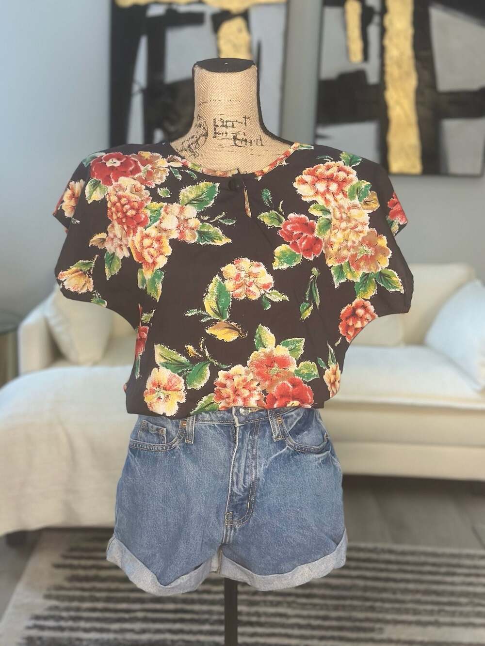 Vintage Nouveau Floral Print Short Sleeve Blouse Size Medium